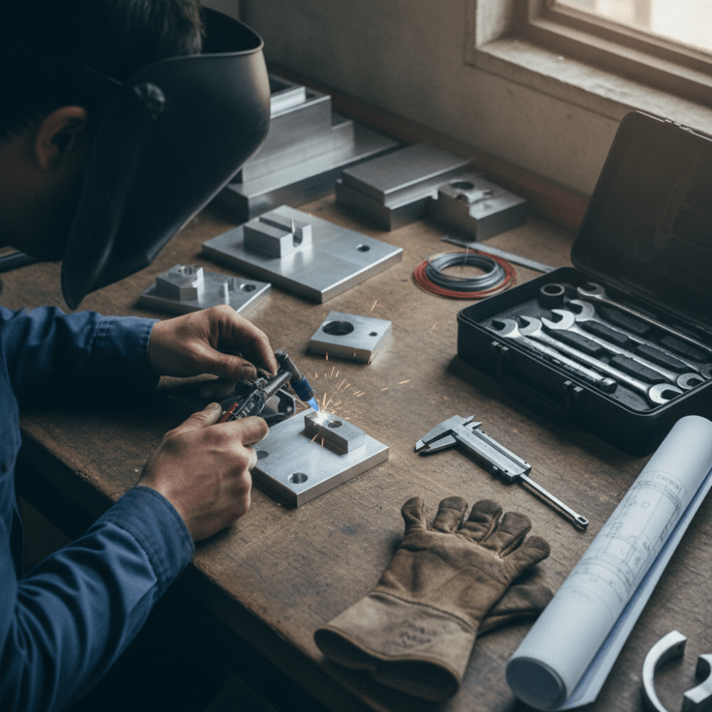 Ouvrier qualifié travaillant avec outils de précision dans un atelier industriel représentant les métiers techniques en tension